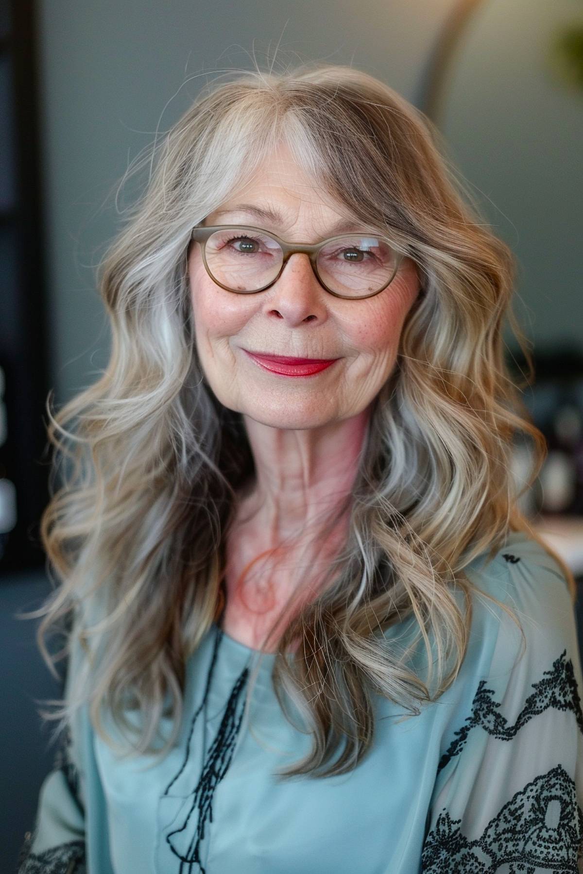 Curtain bangs on long hair with glasses