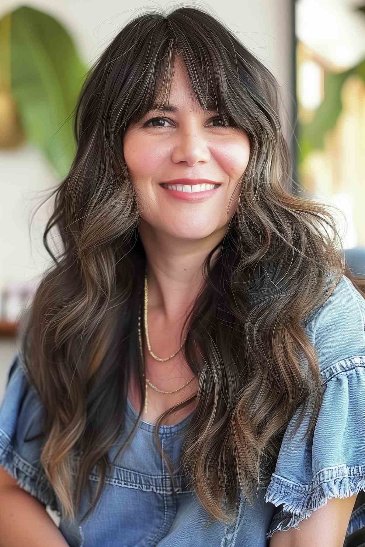 Woman with curtain bangs, long layered hair, and subtle highlights