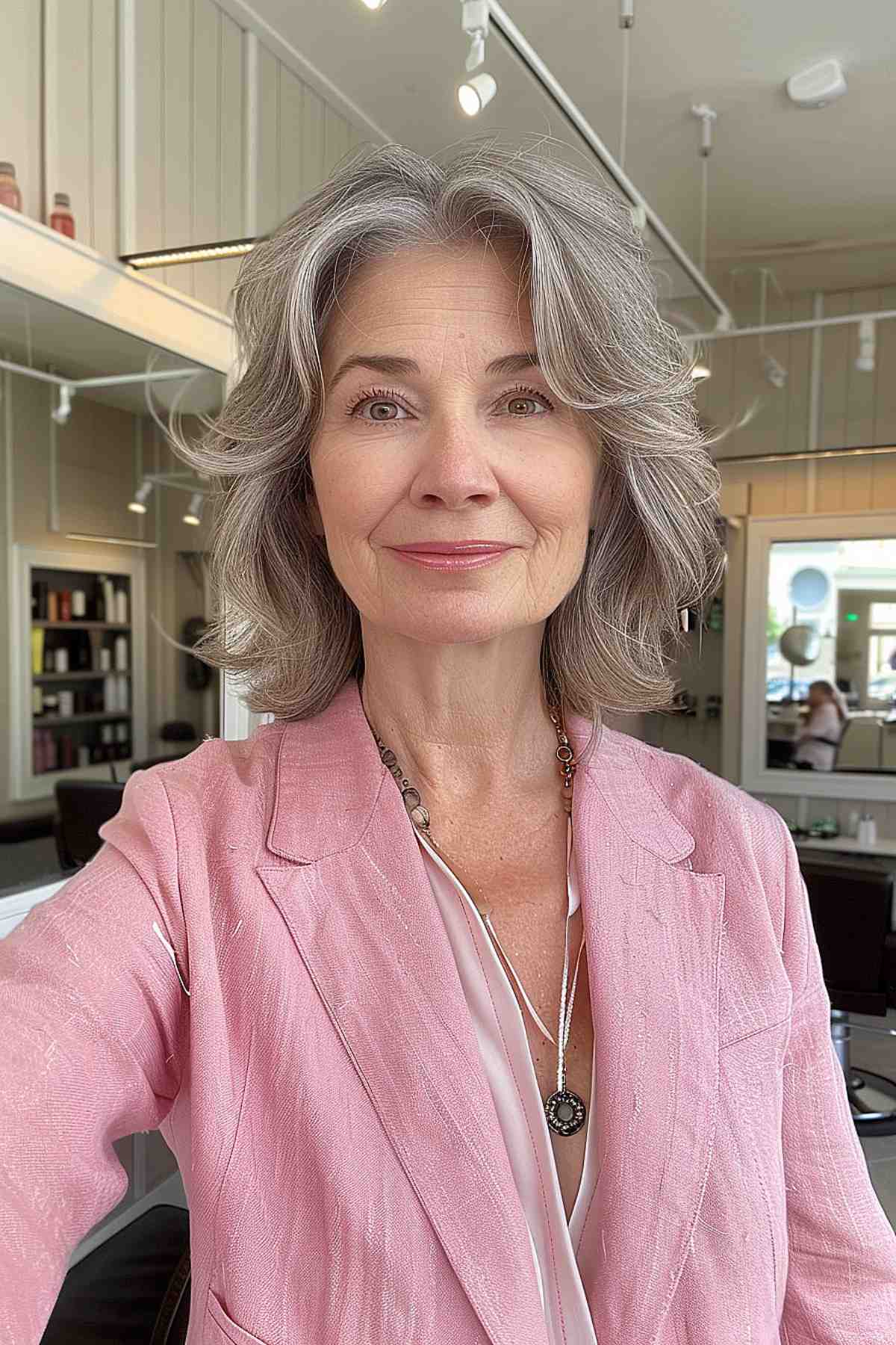 Senior woman with a short layered haircut and curtain bangs, showcasing natural gray hair, perfect for thin hair and heart-shaped faces.