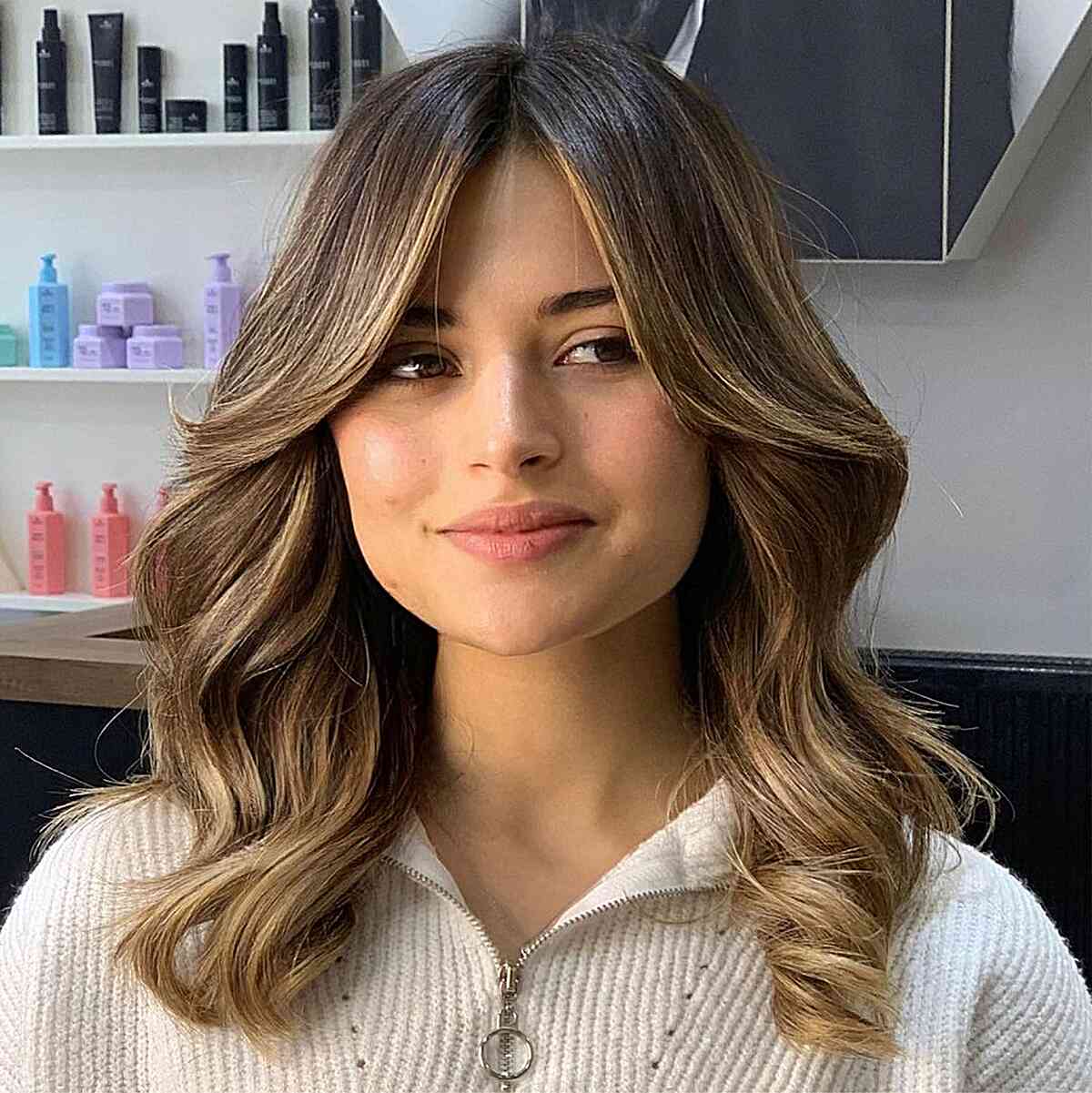 Example of curtain bangs on mid-length hair