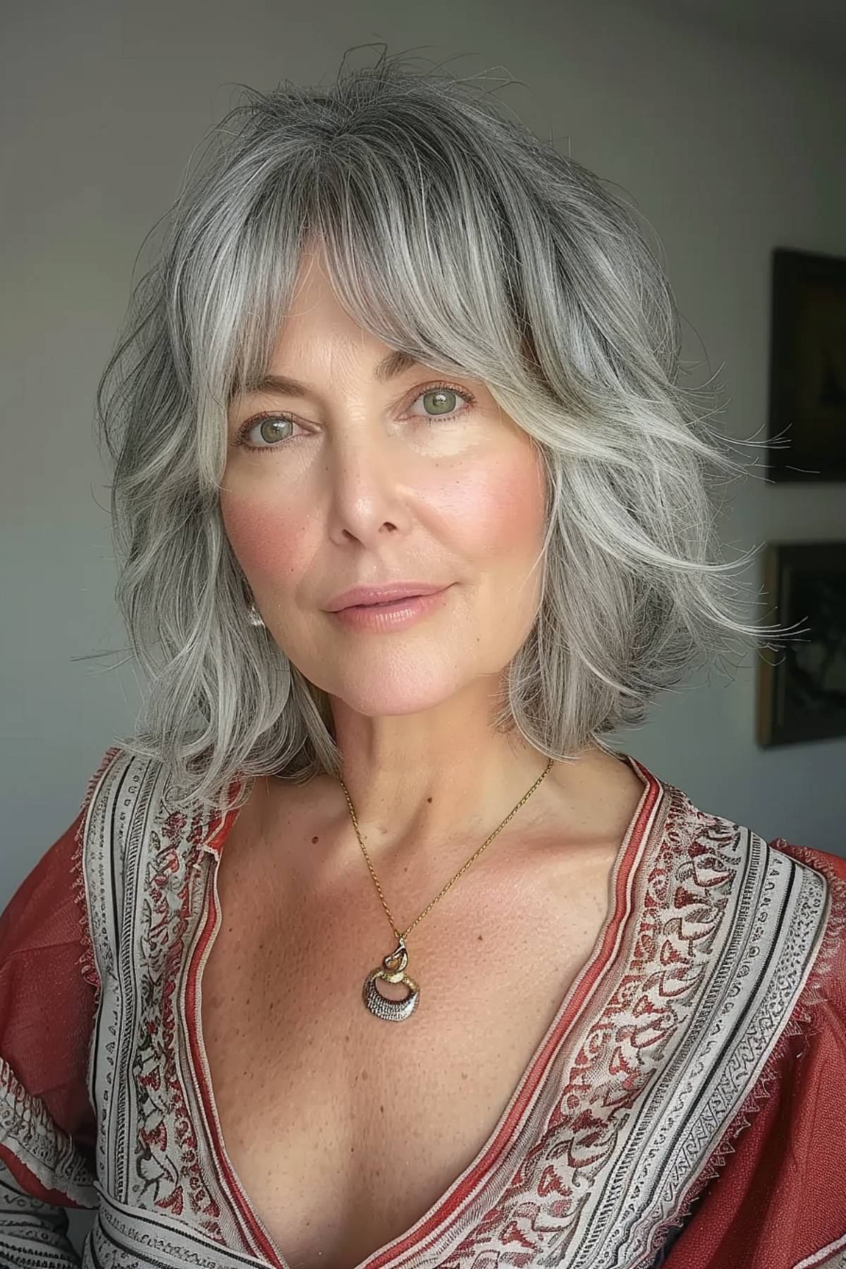 Woman with grey hair and a radiant bob featuring curtain bangs, creating a modern yet timeless look.