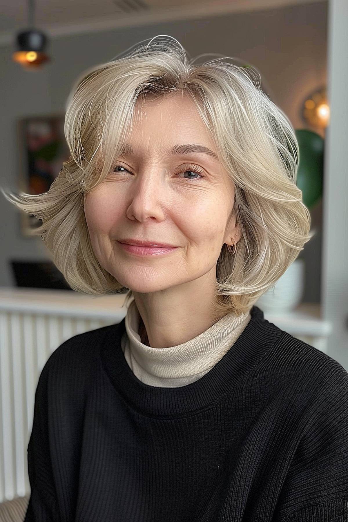 Woman with a soft bob and curtain bangs, highlighted for a multi-dimensional, modern look.