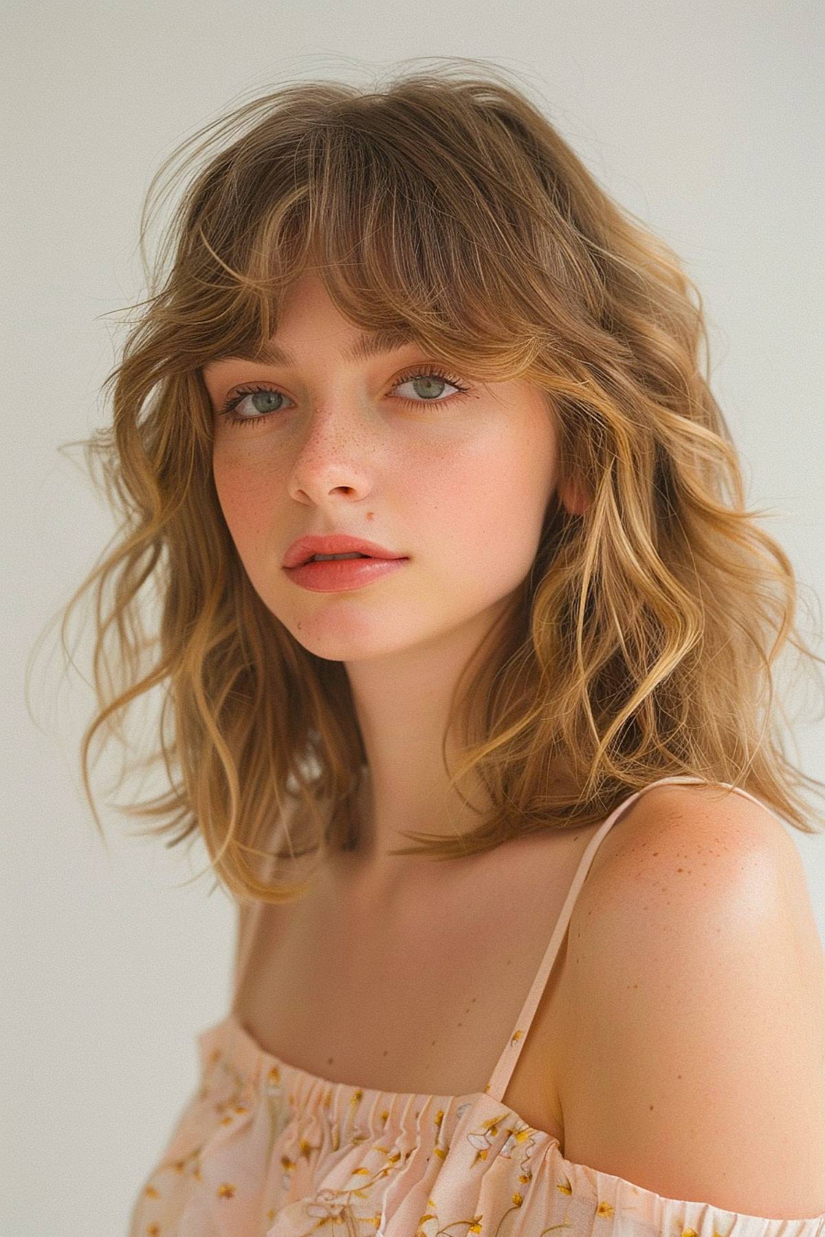 Medium-length wavy hairstyle with curtain bangs