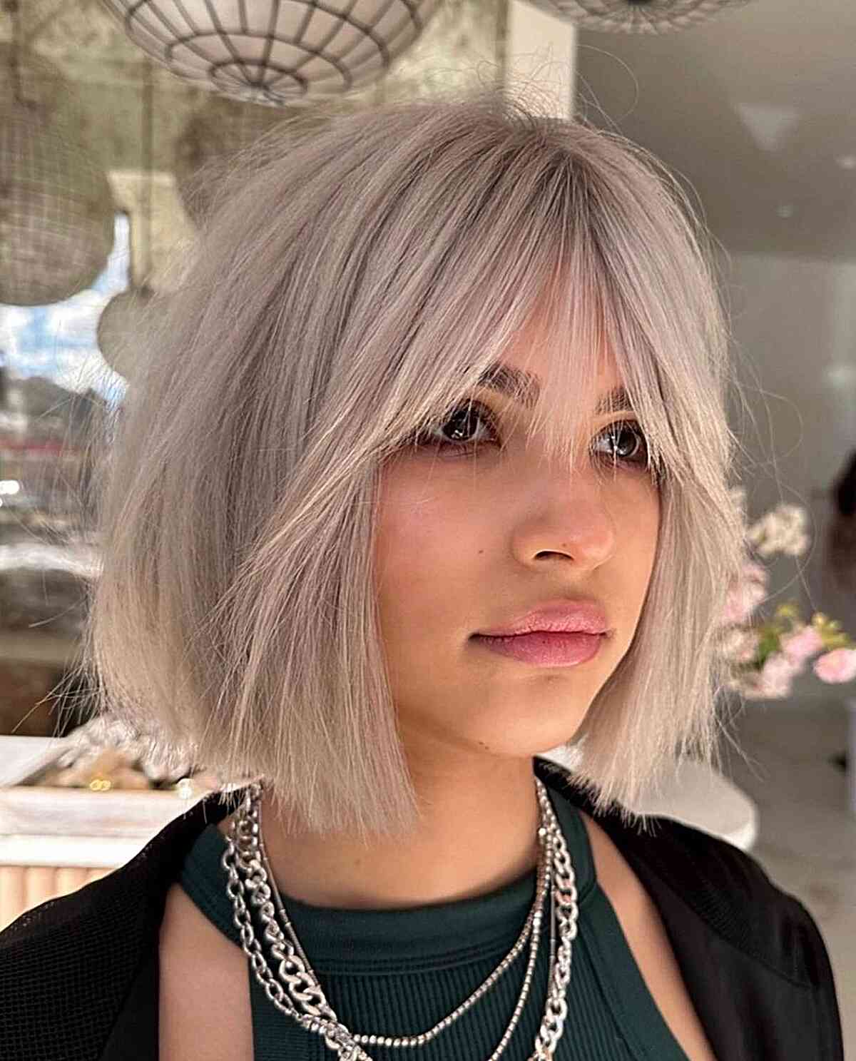 Curtain Fringe on a Blunt Bob for girls with platinum hair