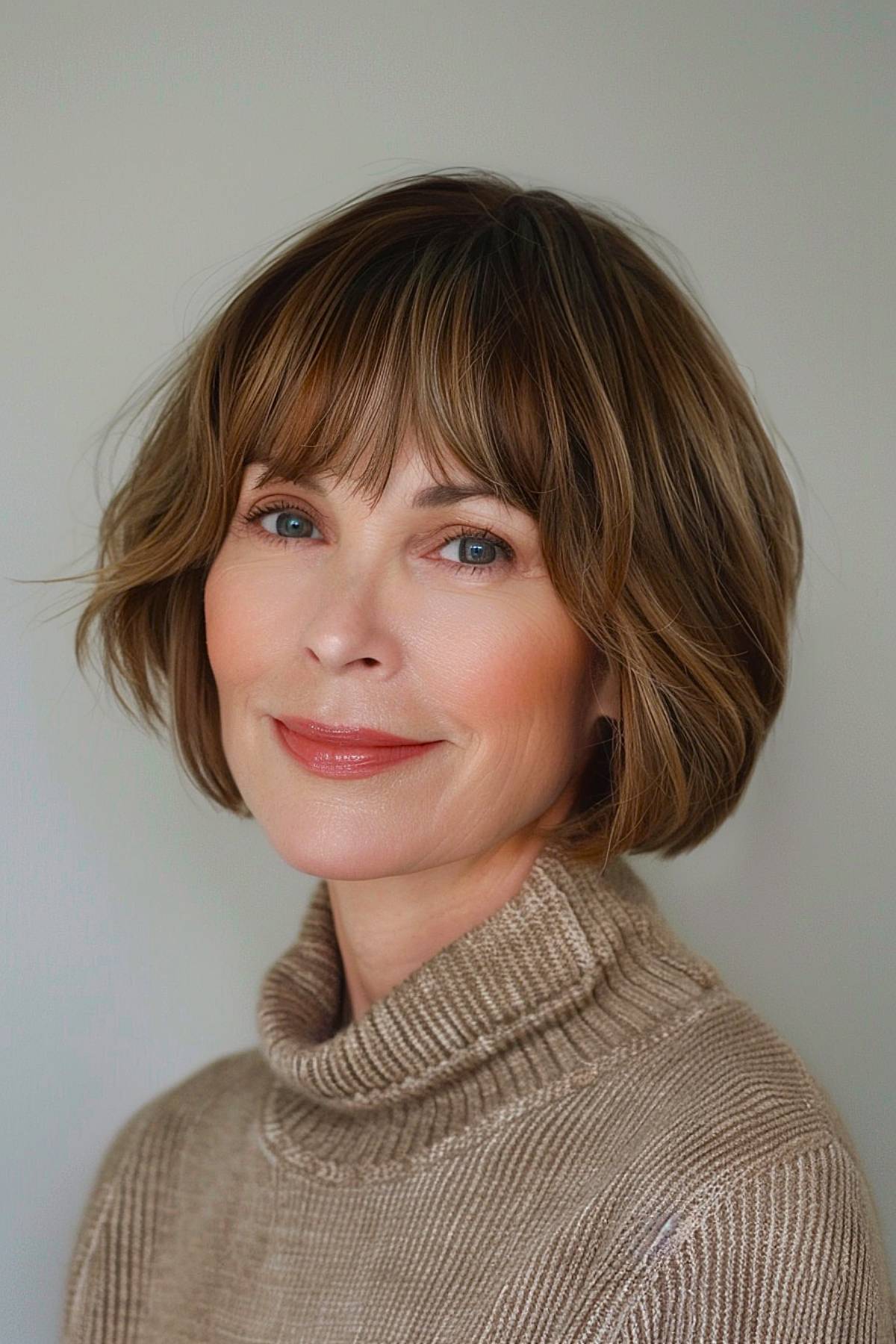 Curvebob with layered bangs hairstyle for mature ladies