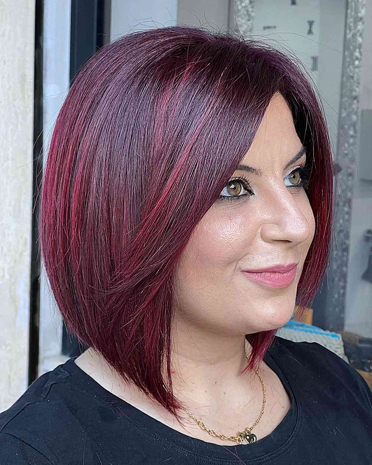 Customizable Dark Red Graduated Bob for Round Faces