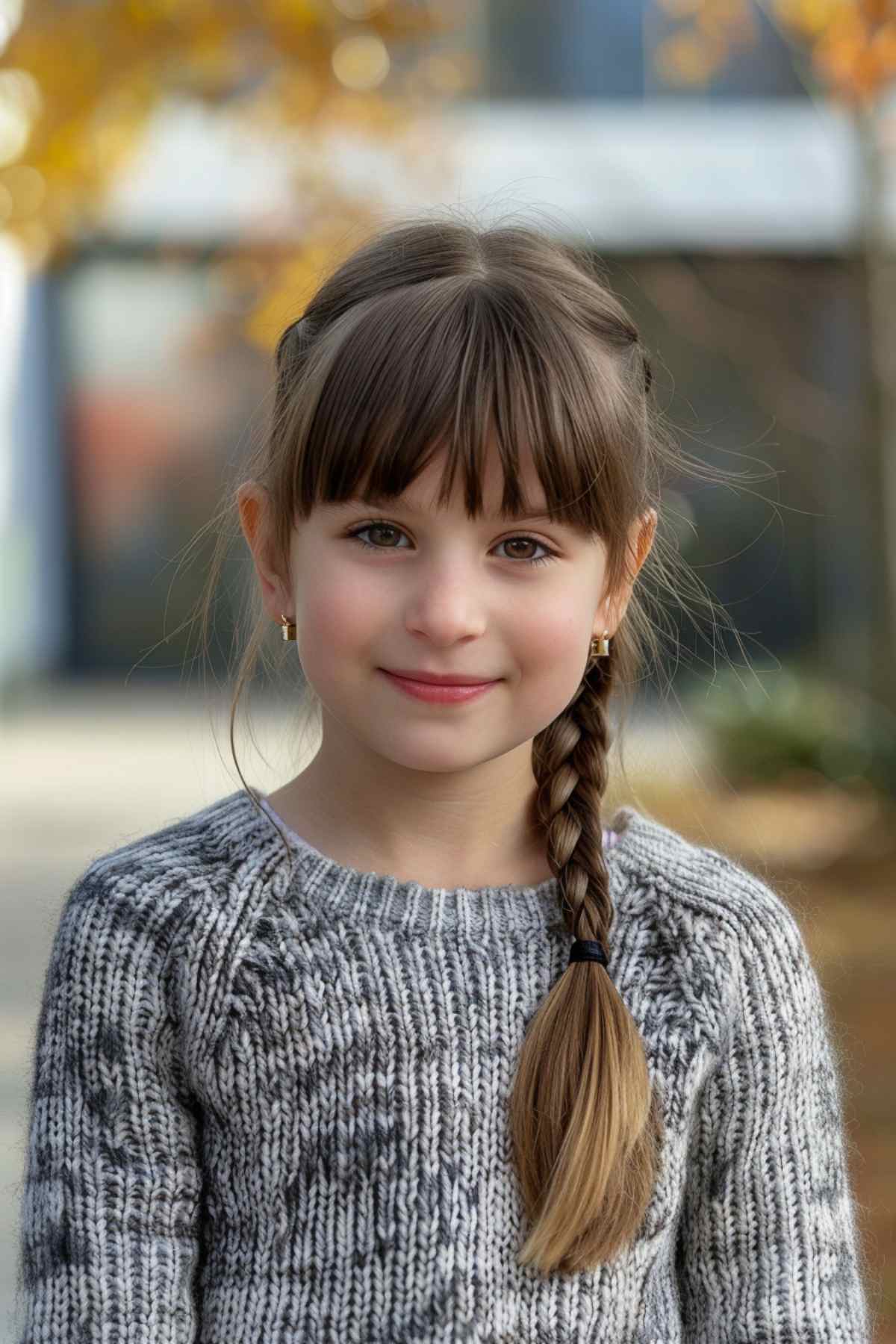 9-year-old girl with back-to-school side braid and bangs