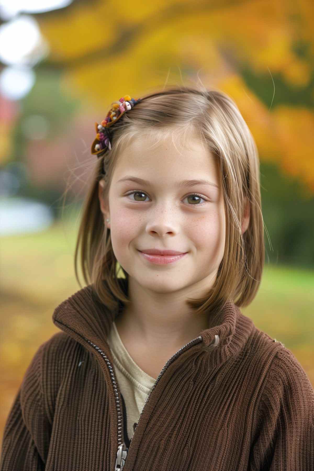 Young girl with a cute bob and hair clip for thin hair, wearing a brown jacket