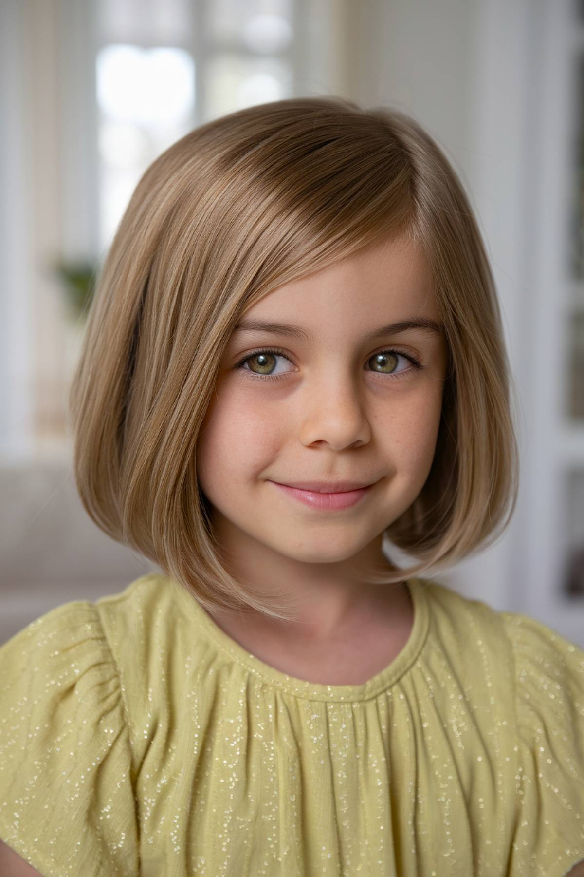 Cute chin-length bob haircut for little girls with a side part