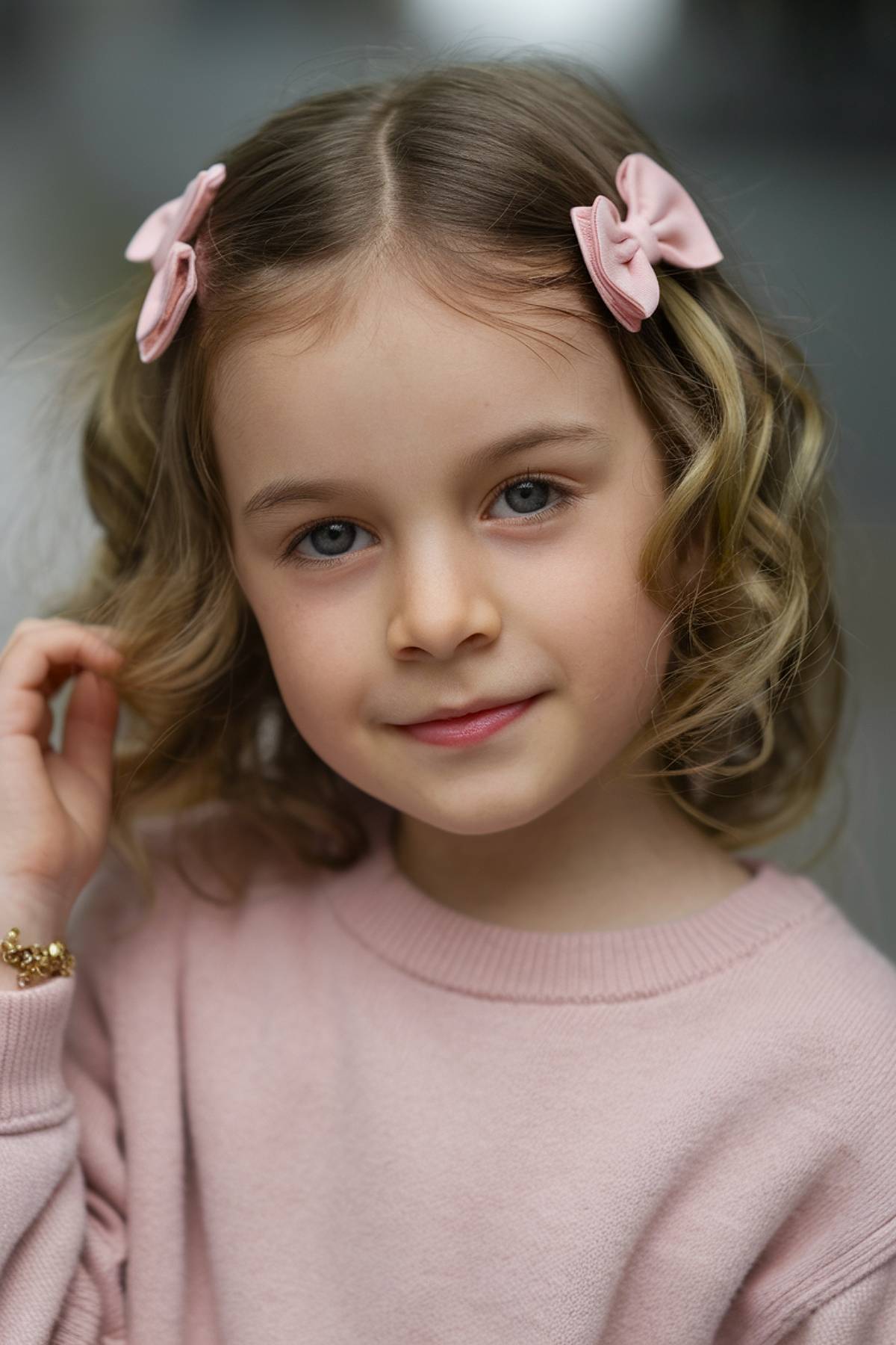 Chin-length bob hairstyle with soft curls and pink bows for birthday girls