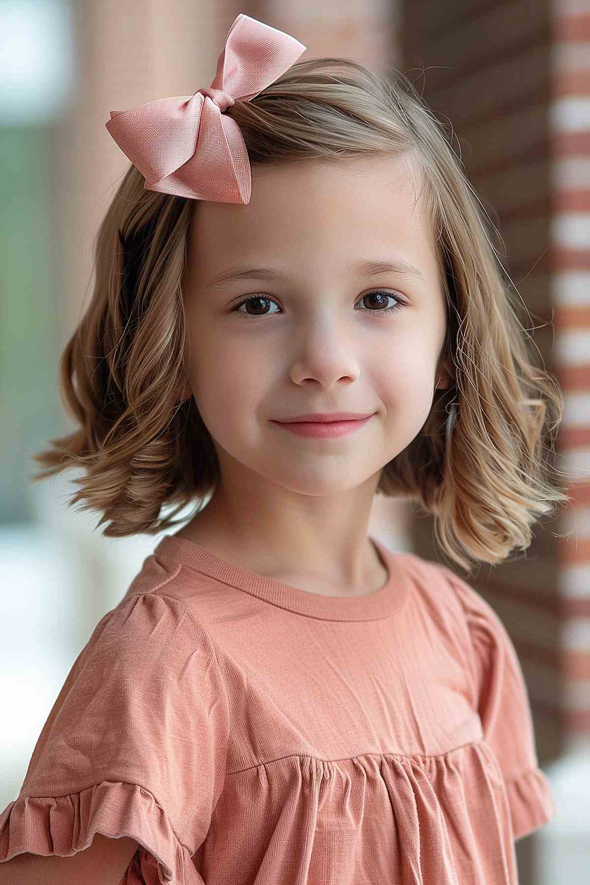 Young girl with a cute bob hairstyle and pink bow