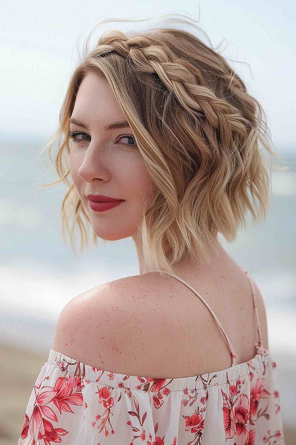 Cute braided crown for short hair with loose waves