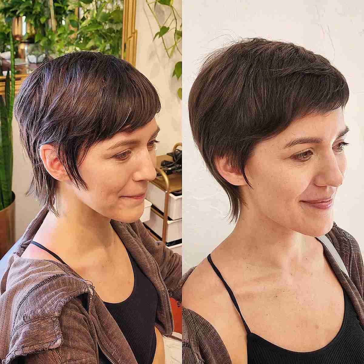 Cute Brunette Pixie with Side-Swept Bangs for Fine Hair