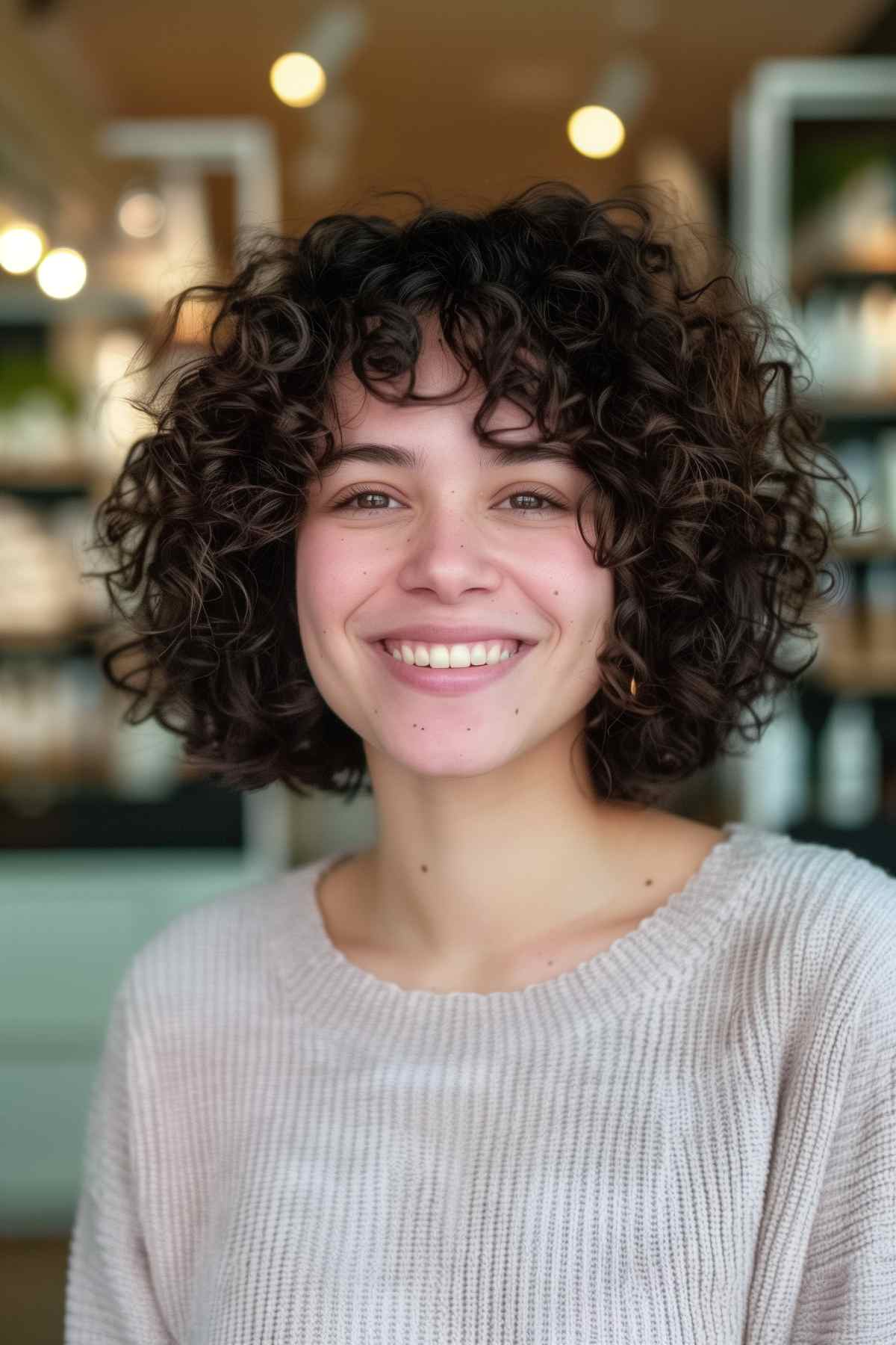 Short curly bob with defined curls for a round face shape