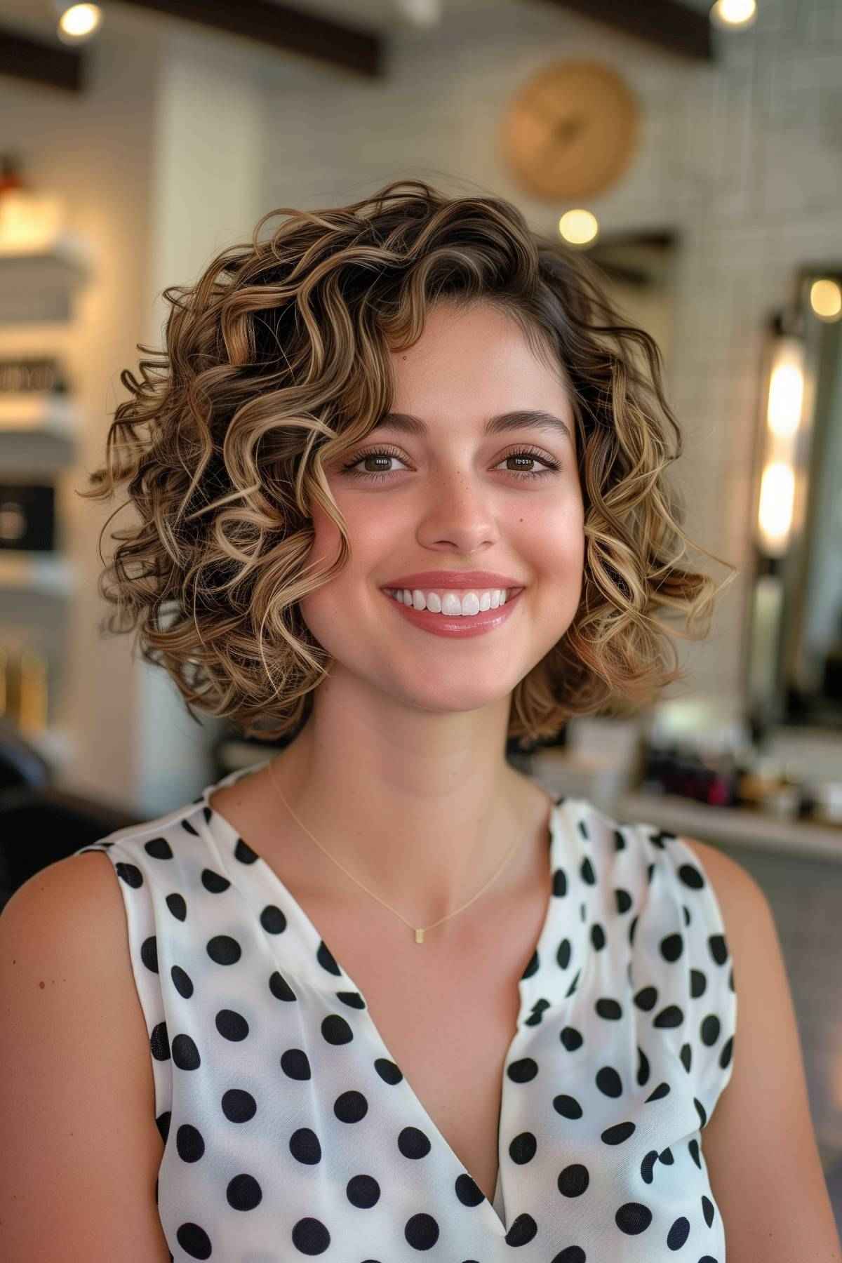 Cute curly hairstyle with shoulder-length, layered curls for medium to thick hair