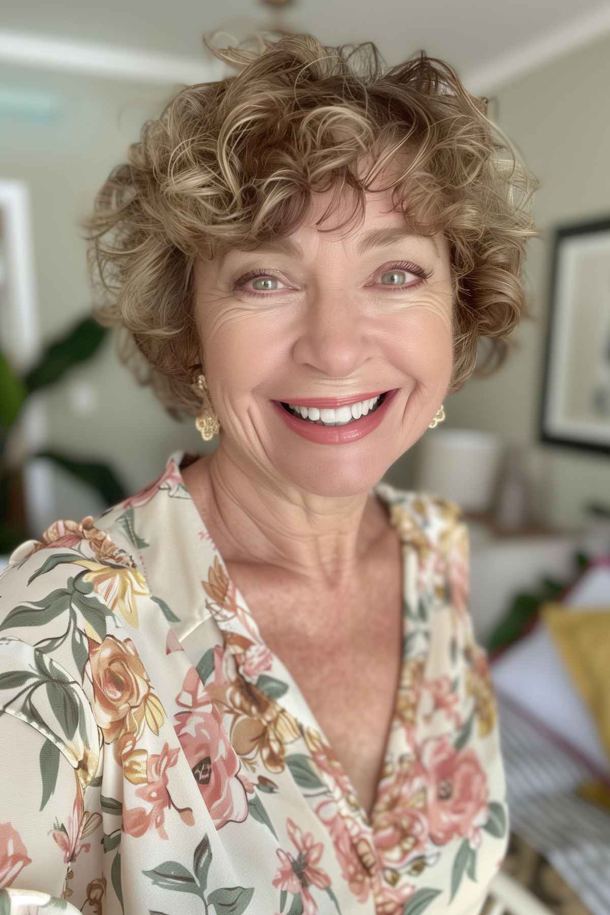 Curly pixie cut with soft highlights, perfect for women over 50