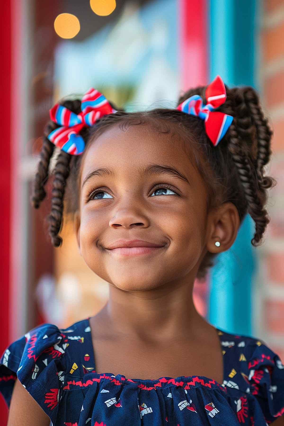 Toddler with pigtails and red, white, and blue bows for 4th of July