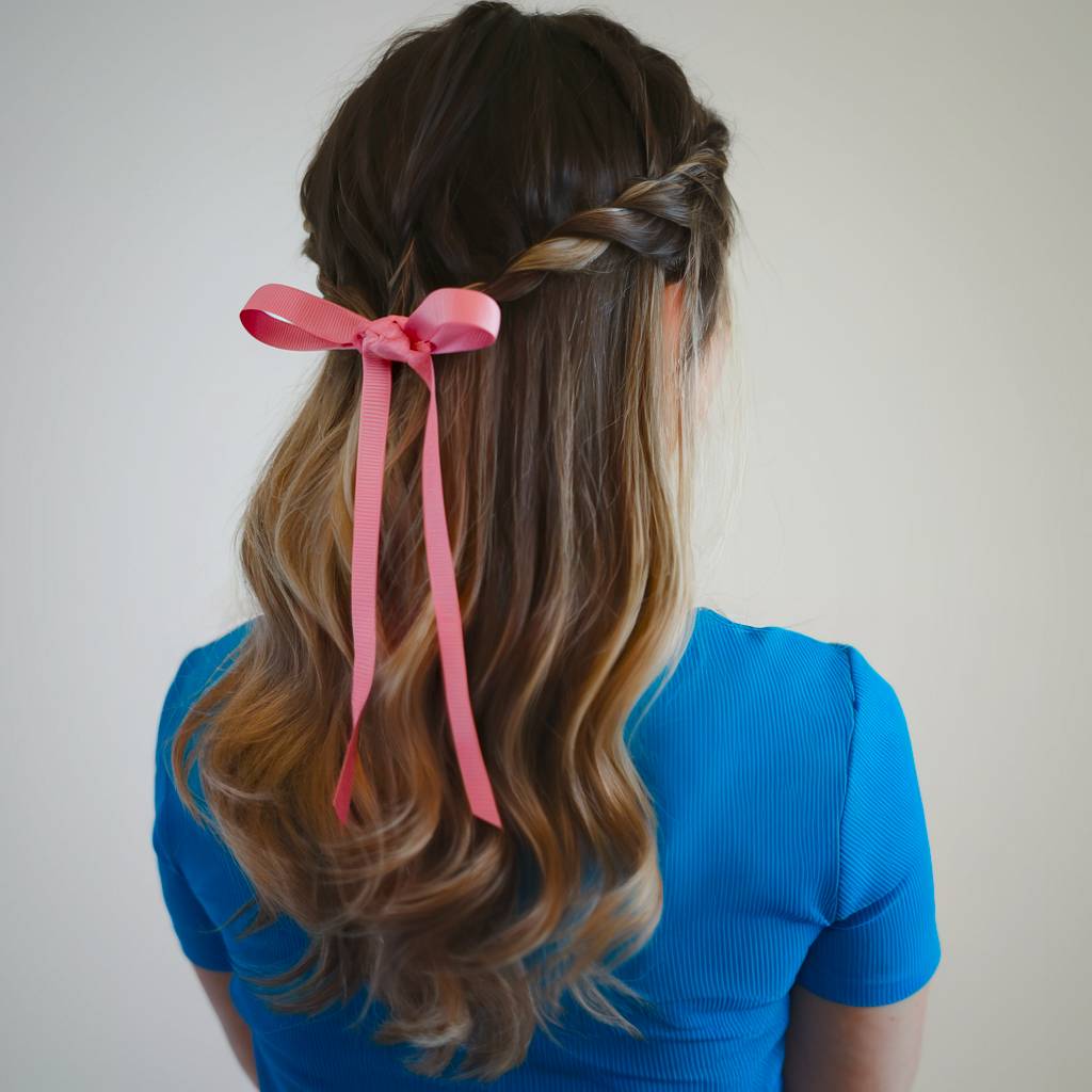 Twisted half-up simple hairstyle with pink ribbon accent on wavy hair