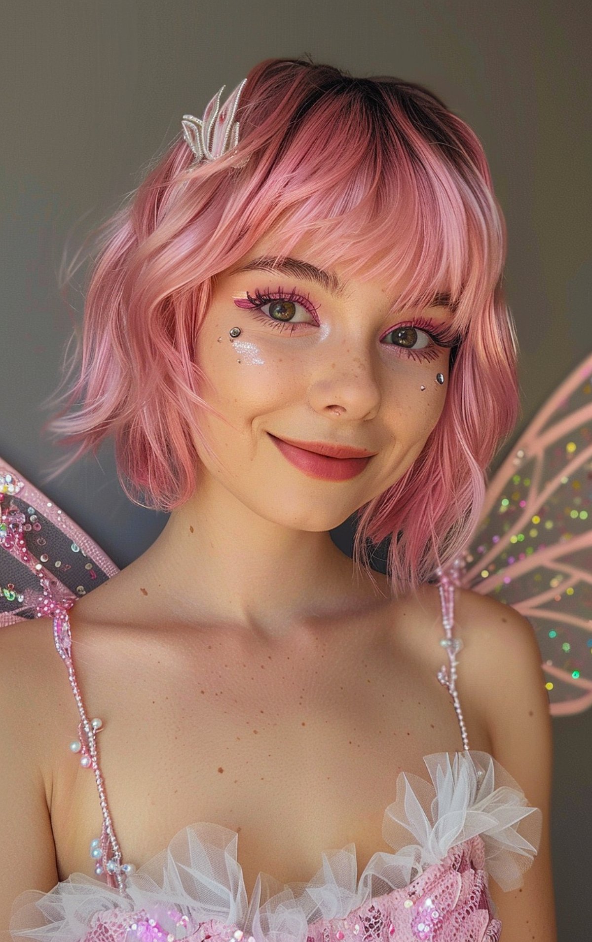 Cute halloween short hair look with bright pink waves