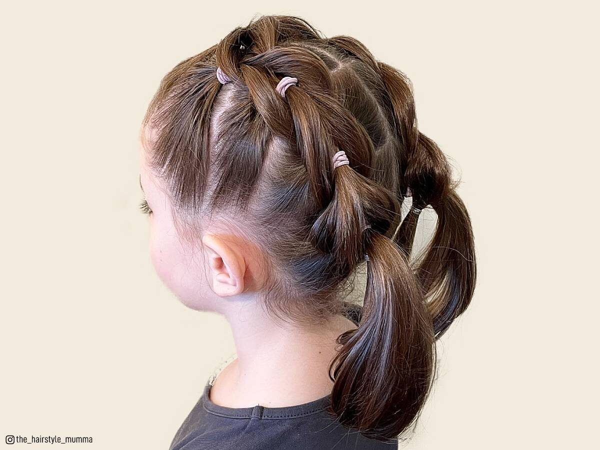 The joy of best hair. Happy girl with stylish ponytail hairstyle. Cute girl  smile with new hairstyle. Little child with long locks of hair. Small  beauty model with brunette hair. Her hair