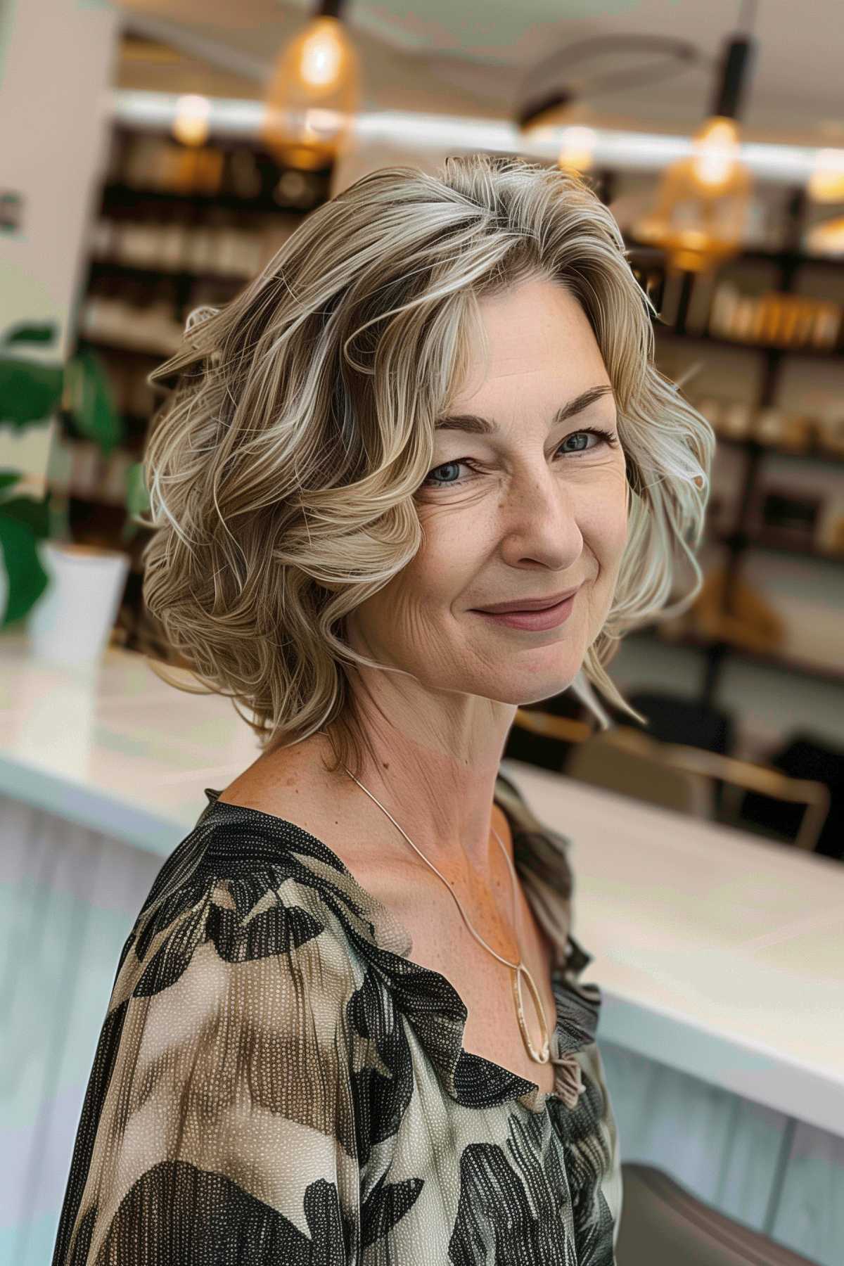 A woman with a cute and stylish bob featuring soft curls and blonde highlights.