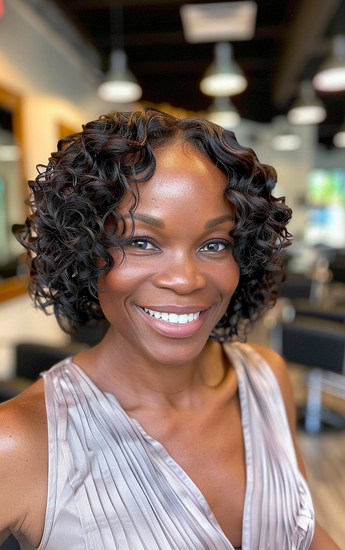 Chin-length curly bob haircut with tight, defined curls