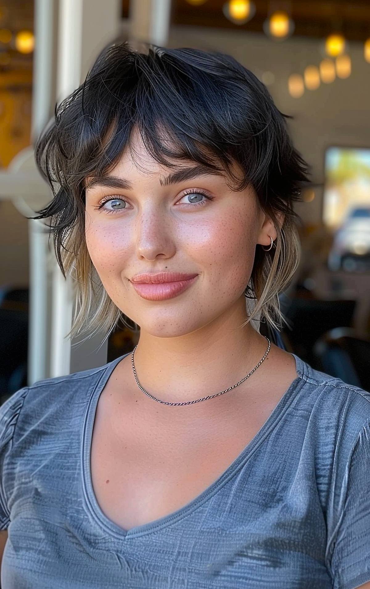 Short wolf haircut for round faces with choppy layers and wispy bangs