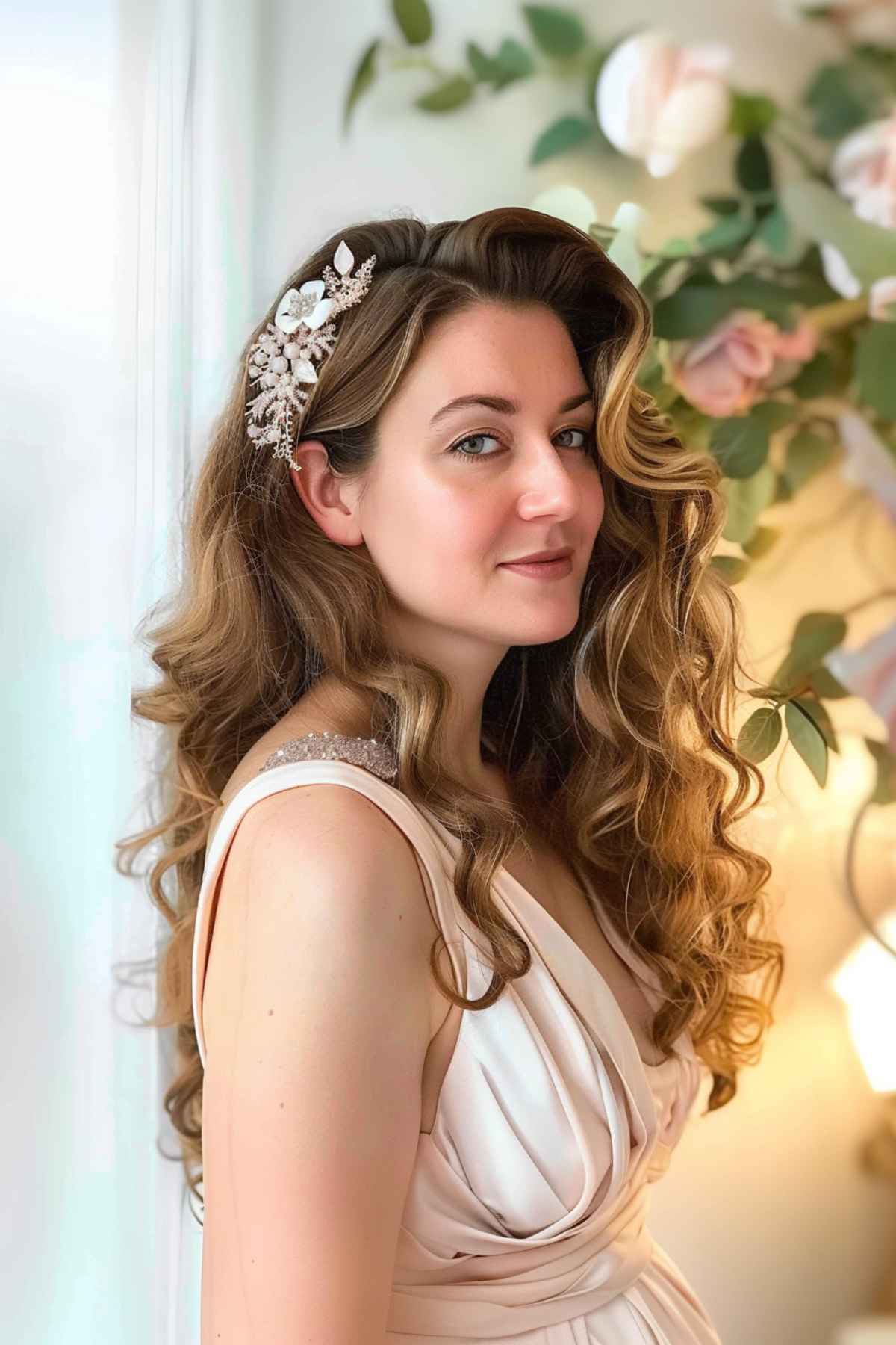 Woman with side part curls, perfect for semi-formal events