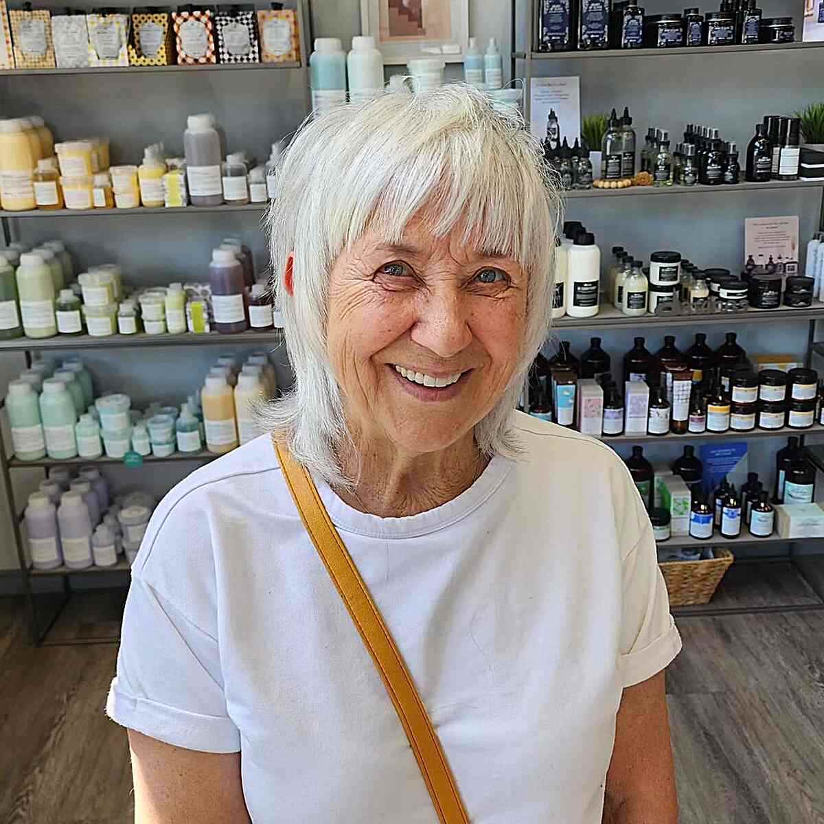 Cute Textured Shag Lob for Women Aged 70 with short white hair