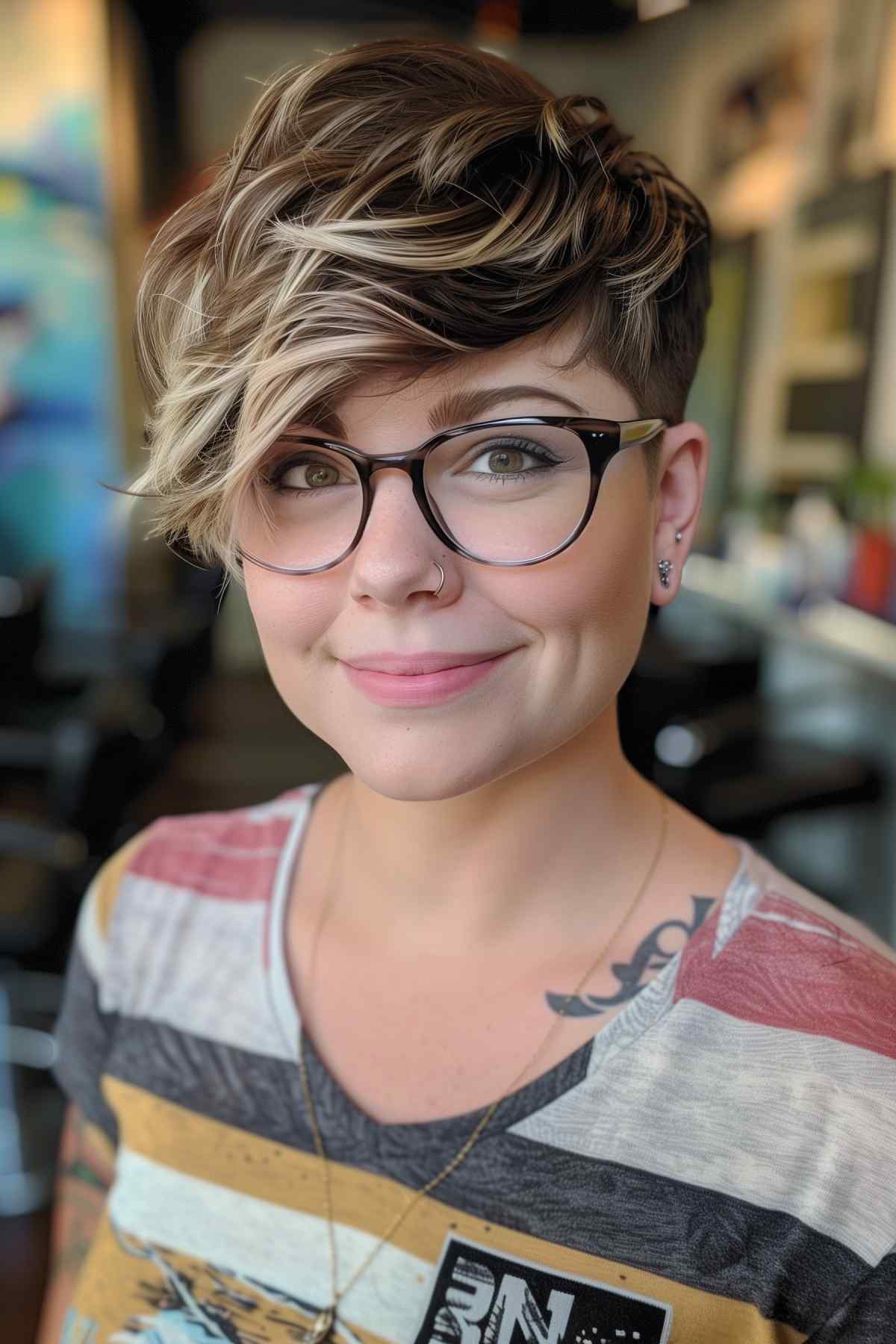 Tomboy pixie with choppy layers and blonde highlights, featuring an undercut