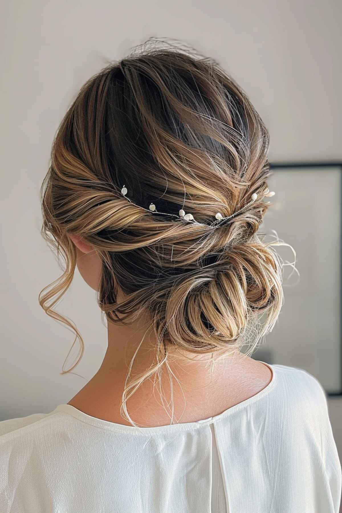 Cute twisted low bun with hair accessory for hot weather