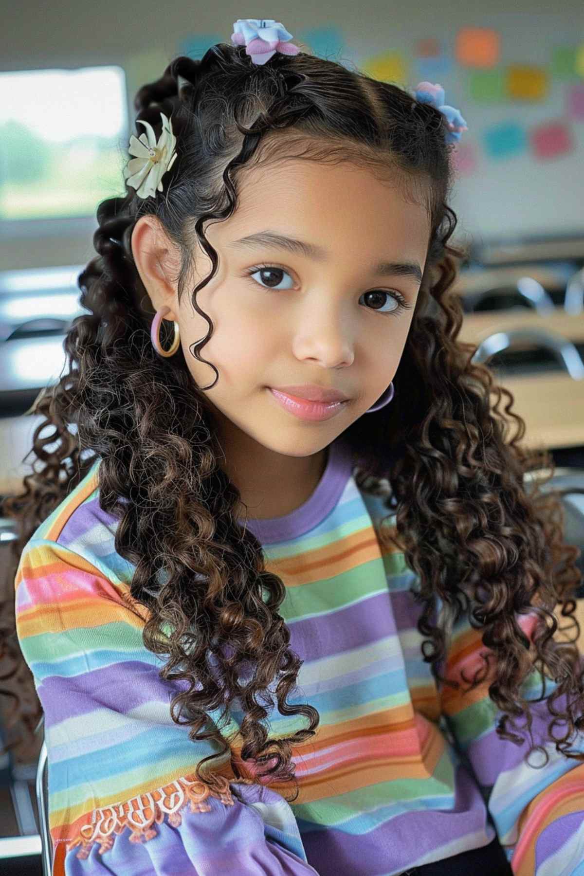 Young girl with Y2K-inspired curly hairstyle and floral clips