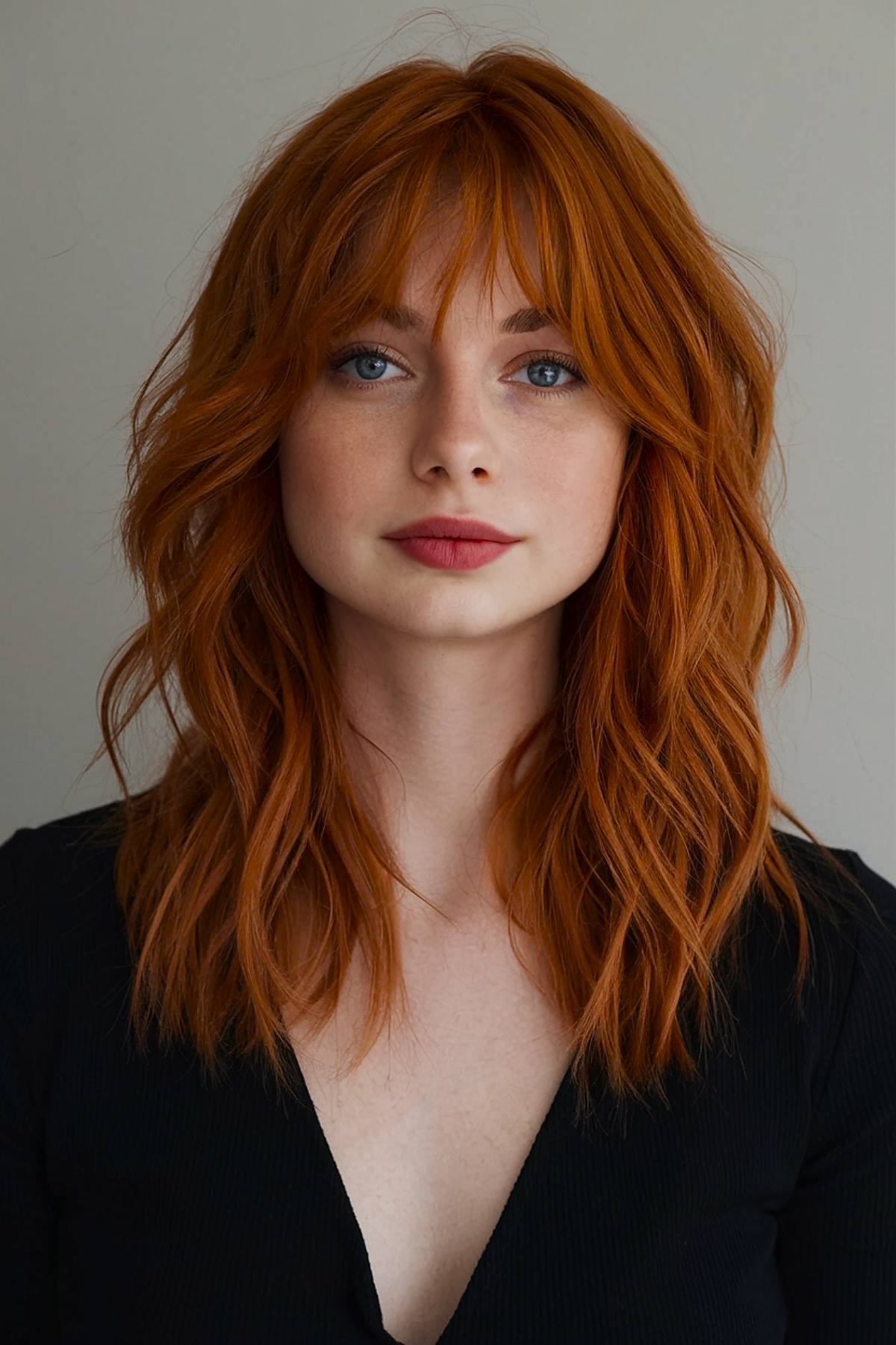 Edgy red medium shag hairstyle with layers and bangs