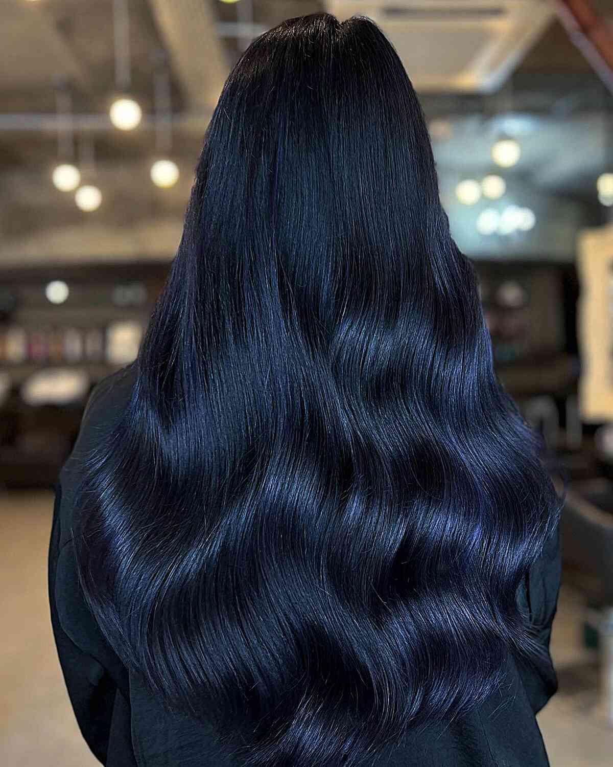 Dark and Glossy Blue on Long Waves Hair