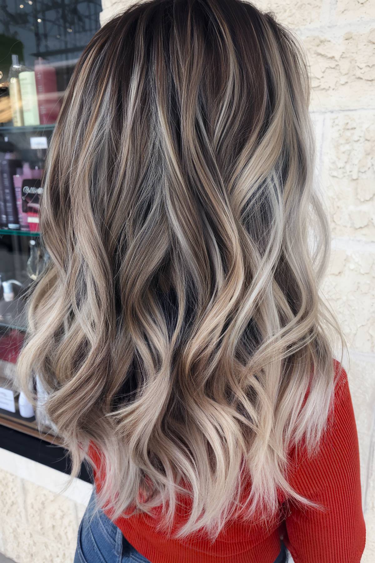 Dark ash blonde balayage on black hair