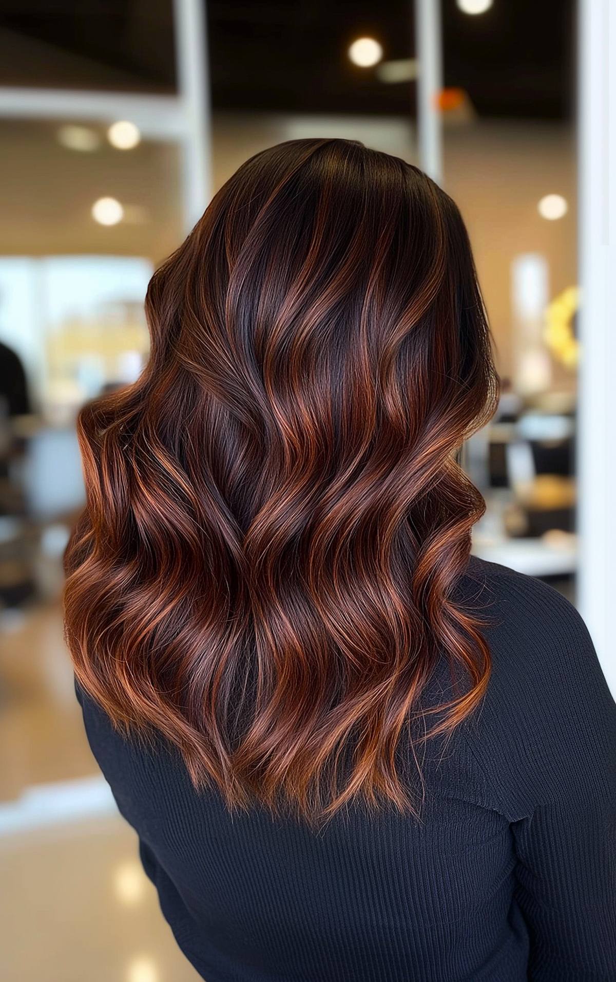 Medium-length wavy dark brown hair with auburn balayage highlights