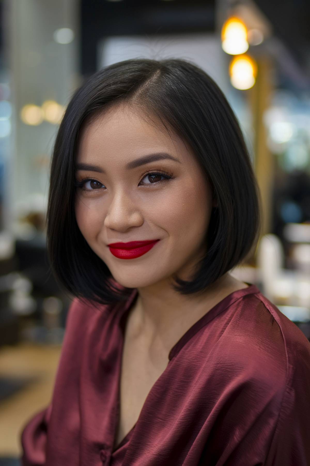 Sleek, jet-black short hair with a sharp, polished finish for a timeless look