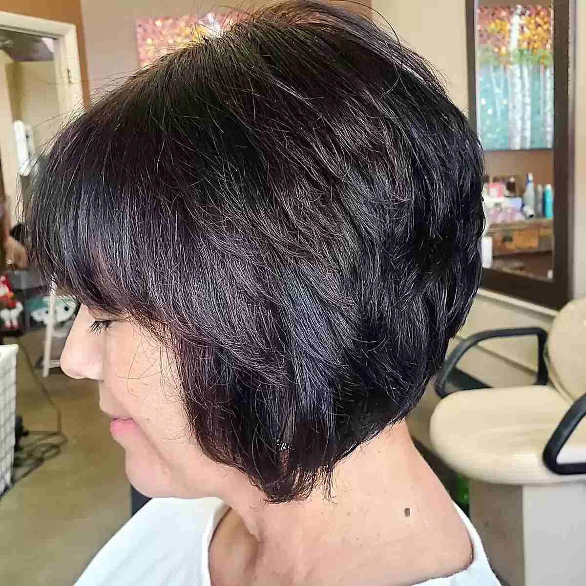Dark Brown A-Line Stacked Cut with Highlights and Bangs