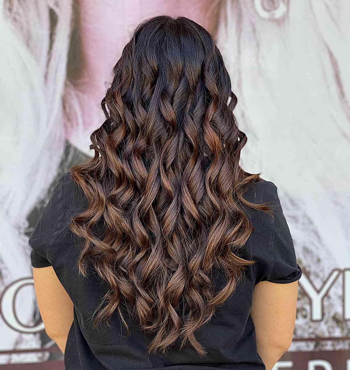 Dark Brown Balayage with Waist-Length Loose Curls