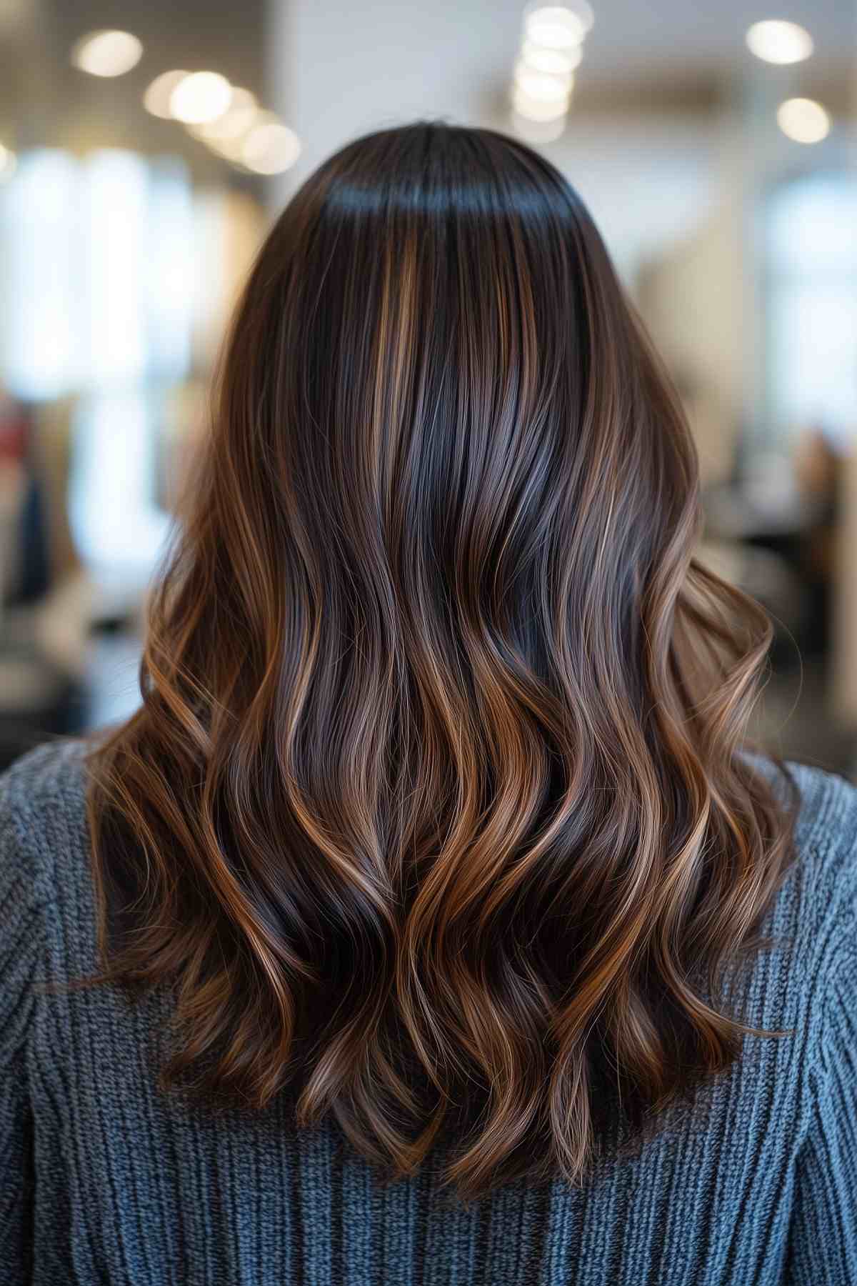 Dark brown hair with caramel lowlights for fall