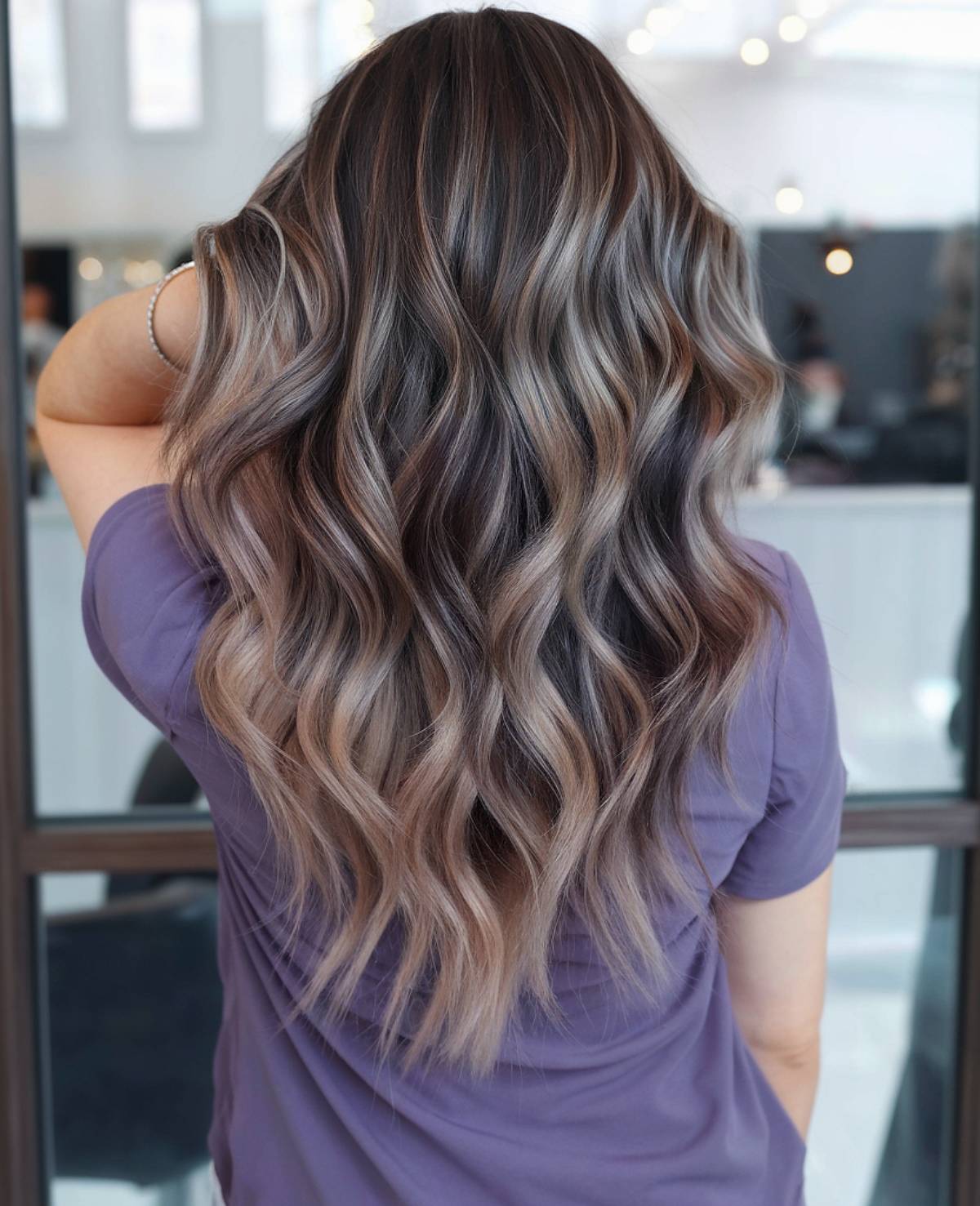 Dark brown hair with ash brown balayage