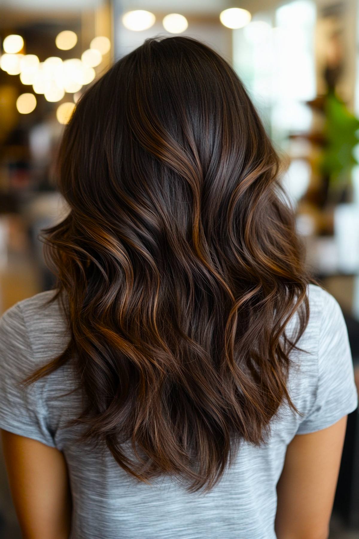 Dark brown hair with caramel highlights