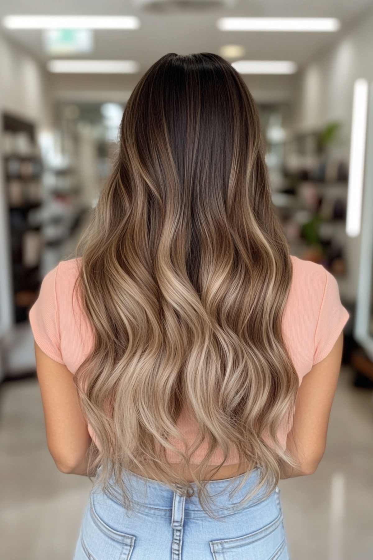 Dark brown to light brown ombre hair with long, wavy layers