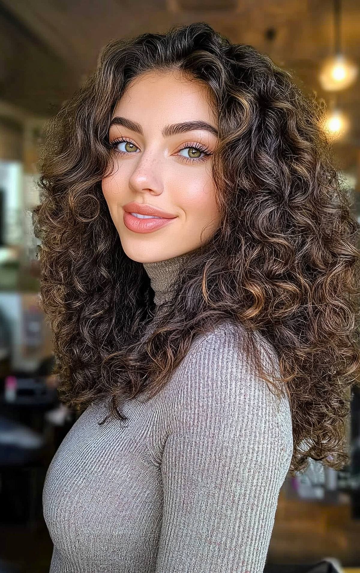 Curly dark brown hair with light brown highlights