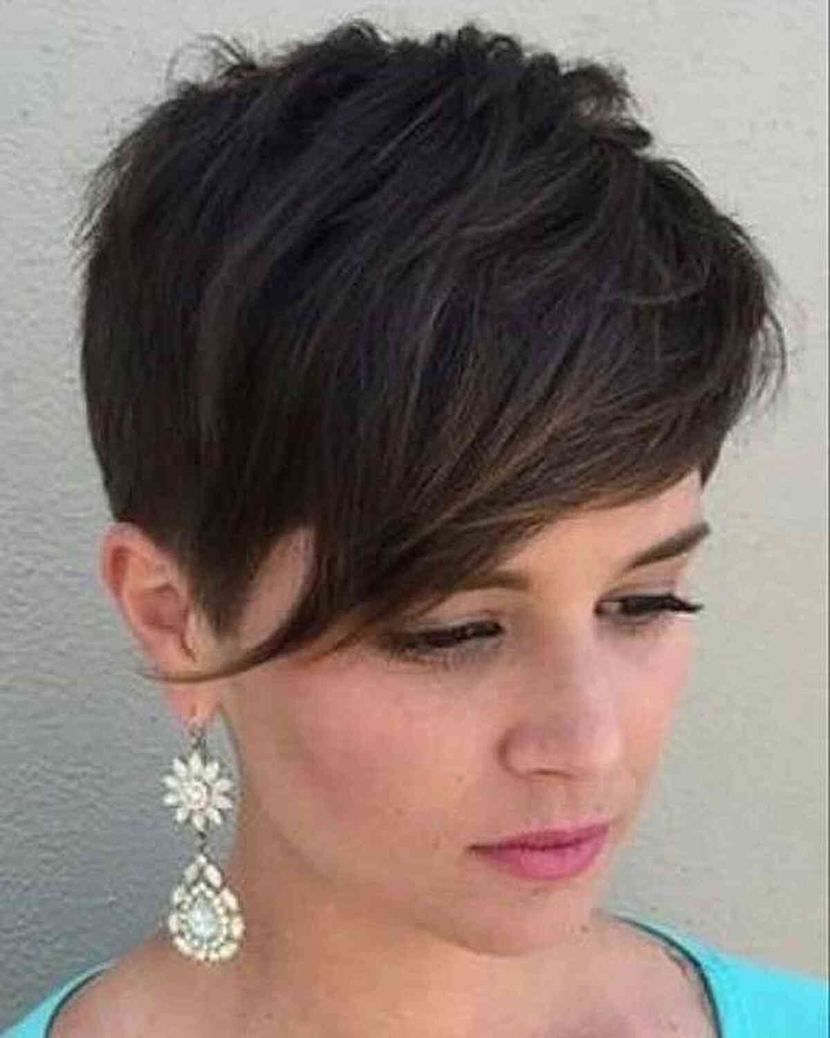 Dark Brown Pixie with Sweeping Long Fringe