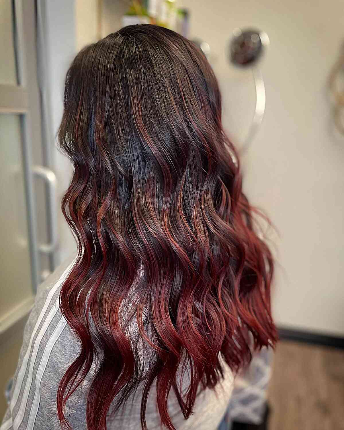 Dark Brown Rooted Red Balayage Ombre with Long Waves