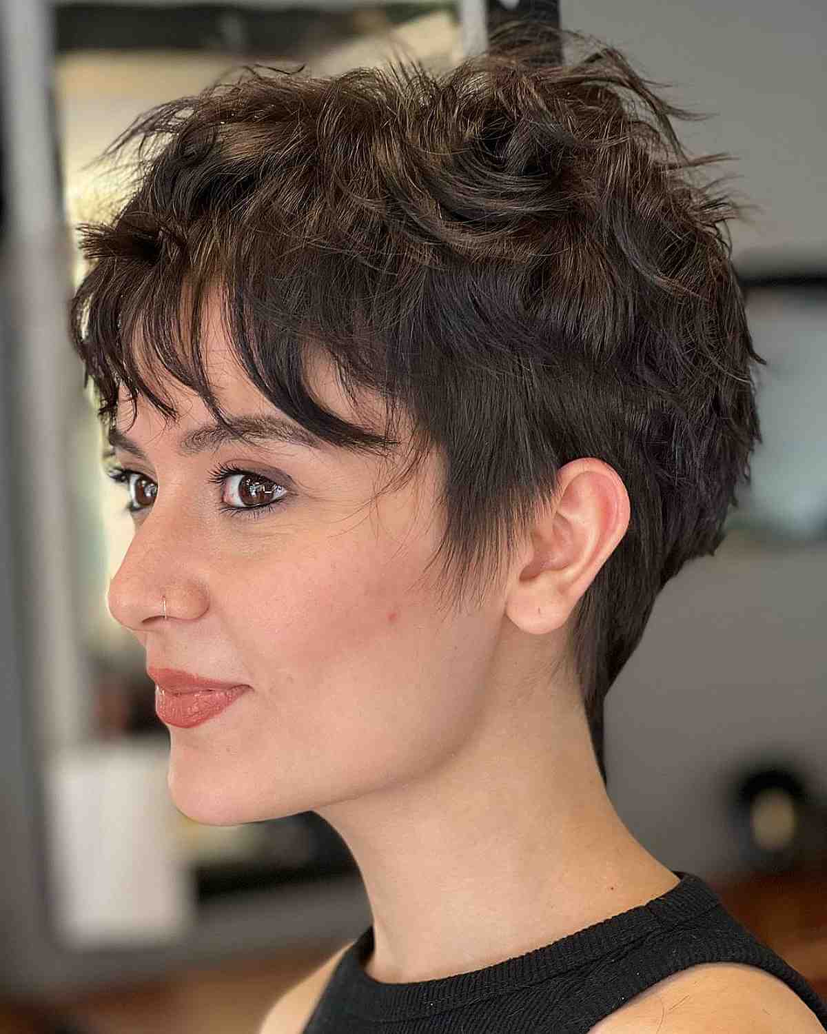 Dark Brown Textured and Tousled Pixie with Fringe