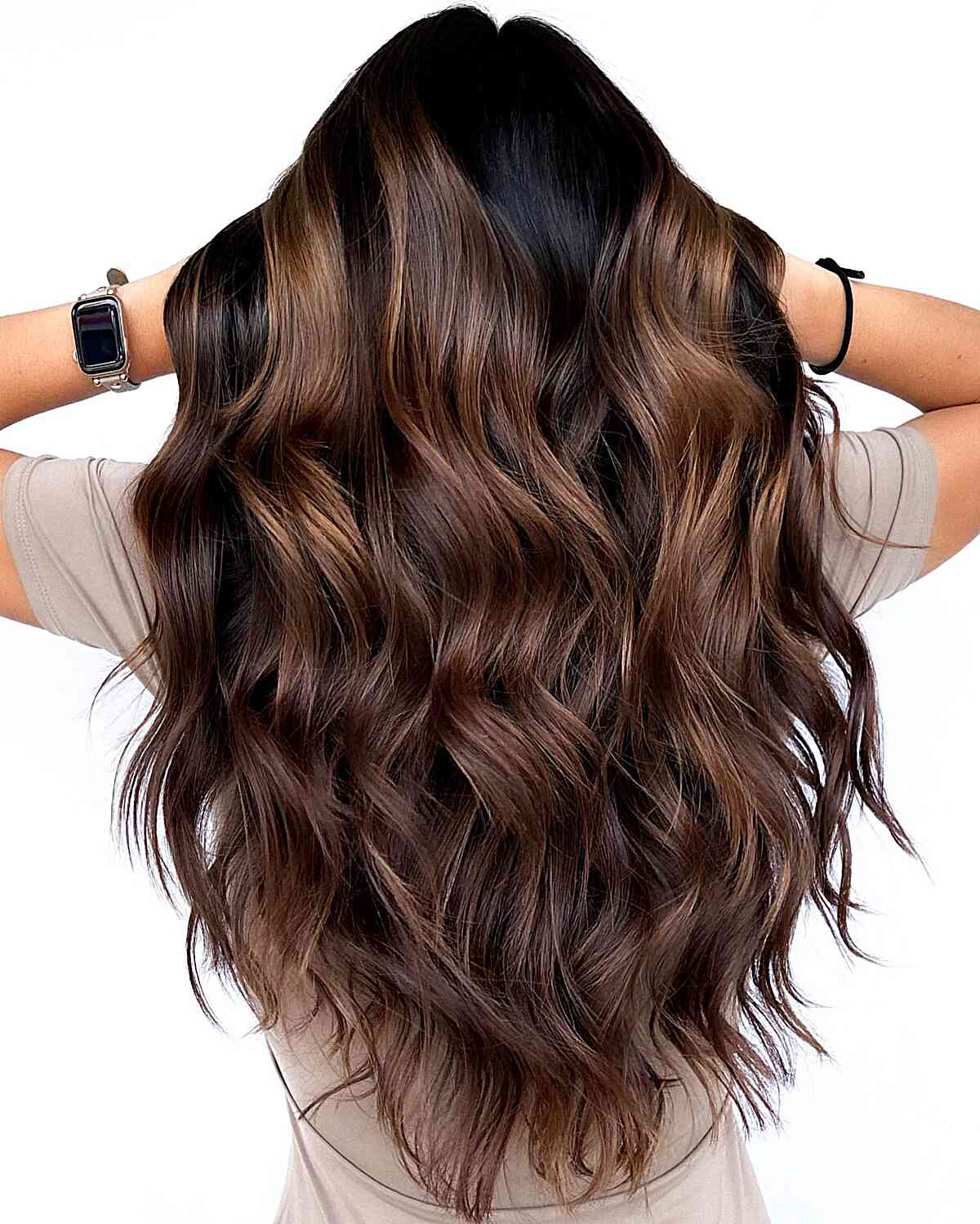 Dark Brunette Balayage for Long Hair with Natural Lived-In Waves