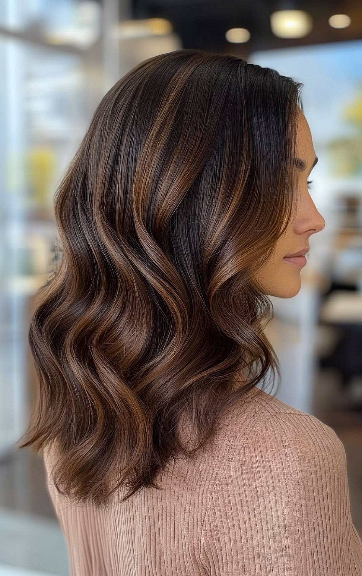 Medium-length wavy hair with dark brunette balayage highlights