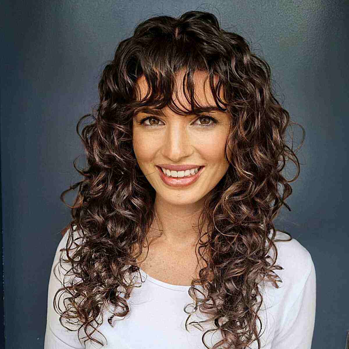 Dark Brunette Chest-Length Curls with Bangs